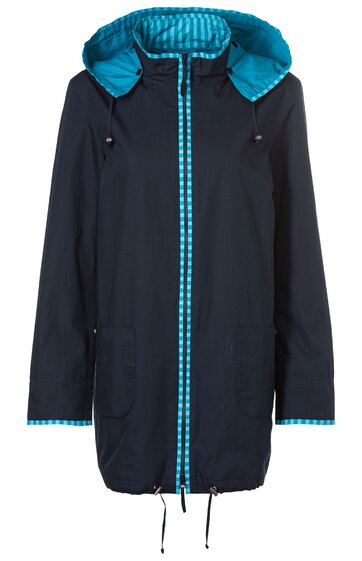 Dunkelblauer Damenparka mit türkisfarbenem Reißverschluss und Kapuzeninnenfutter, gesteppte Kapuze, zwei aufgesetzte Taschen vorne, Tunnelzug am Saum, lange Ärmel, mittellang