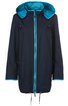 Dunkelblauer Damenparka mit türkisfarbenem Reißverschluss und Kapuzeninnenfutter, gesteppte Kapuze, zwei aufgesetzte Taschen vorne, Tunnelzug am Saum, lange Ärmel, mittellang