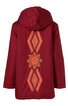 Roter Kapuzenmantel mit langen Ärmeln, Rückseite mit orangefarbenem geometrischem Muster in Diamant- und Blumenform, gerade geschnittener Saum