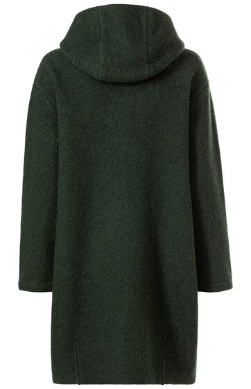 Dunkelgrüner Mantel, einfarbig, gerade geschnitten, lange Ärmel, mit angenähter Kapuze, hinten gezeigt