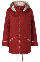 Roter Parka mit Kapuze und heller Innenverkleidung, mittellang, gerade geschnitten, vorn mit Reißverschluss, zwei schräge Taschen mit Reißverschlüssen, Bündchen mit reflektierenden Streifen