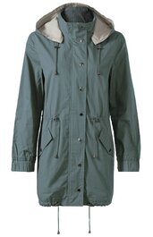 Dunkelgrüner Parka mit Kapuze, Tunnelzug in Taille und am Saum, Druckknopfleiste, Eingrifftaschen mit Klappen, lange Ärmel mit elastischem Bündchen