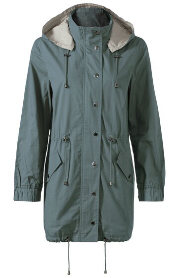 Dunkelgrüner Parka mit Kapuze, Tunnelzug in Taille und am Saum, Druckknopfleiste, Eingrifftaschen mit Klappen, lange Ärmel mit elastischem Bündchen