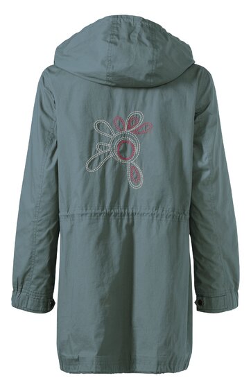 Hellgrüner Parka mit Kapuze, lange Ärmel, verstellbarer Taillenbund, Rückseite mit filigraner Blumenstickerei in Rosa und Weiß