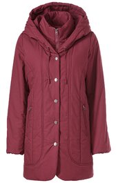 Bordeauxrote Damenjacke mit Kapuze, durchgehendem Reißverschluss und Druckknöpfen, zwei seitliche Reißverschlusstaschen, lange Ärmel, gerade Form