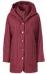 Bordeauxrote Damenjacke mit Kapuze, durchgehendem Reißverschluss und Druckknöpfen, zwei seitliche Reißverschlusstaschen, lange Ärmel, gerade Form