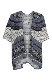 Offene Strickjacke in Hellgrau, Dunkelblau und Schwarz, geometrisches und florales Muster, locker geschnitten, kurzarm, offene Vorderseite, gerade geschnittene Saumkante