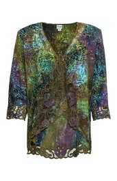 Langes Damenoberteil in dunkelgrün, lila und blau mit floralem Muster, V-Ausschnitt, 3/4-Ärmel mit Lochstickerei, asymmetrischer Saum mit Lochstickerei
