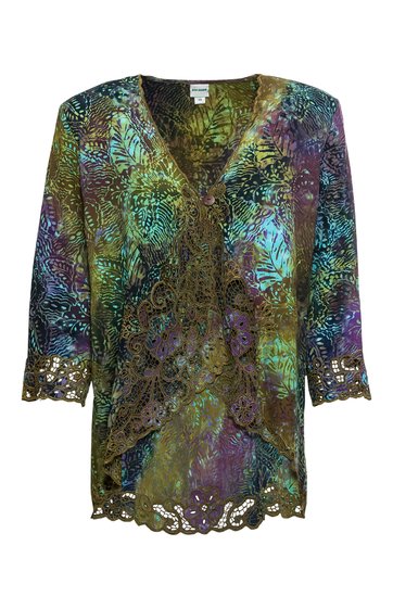 Langes Damenoberteil in dunkelgrün, lila und blau mit floralem Muster, V-Ausschnitt, 3/4-Ärmel mit Lochstickerei, asymmetrischer Saum mit Lochstickerei