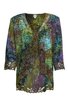 Langes Damenoberteil in dunkelgrün, lila und blau mit floralem Muster, V-Ausschnitt, 3/4-Ärmel mit Lochstickerei, asymmetrischer Saum mit Lochstickerei