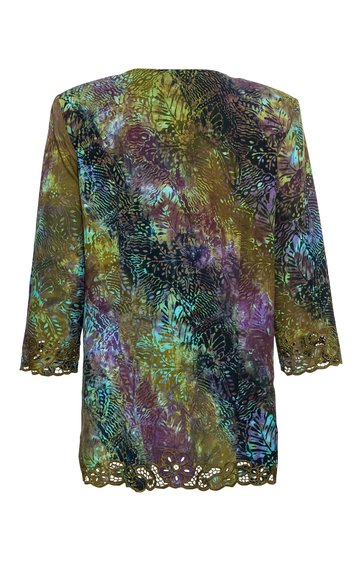 Langärmliger Damenblazer in Olivgrün und Violett, abstraktes Muster mit schwarzen Blattmotiven, gerade geschnitten, mit Spitzenabschlüssen an Ärmeln und Saum