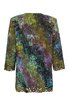 Langärmliger Damenblazer in Olivgrün und Violett, abstraktes Muster mit schwarzen Blattmotiven, gerade geschnitten, mit Spitzenabschlüssen an Ärmeln und Saum