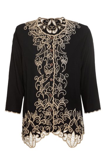 Schwarze Damenbluse mit goldfarbenem floralem Stickmuster, Rundhalsausschnitt mit Knöpfen, lange Ärmel, geschwungener Saum mit Spitzenabschluss