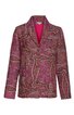 Rosa Blazer mit Paisley-Muster in Rot und Braun, Reverskragen, lange Ärmel, gerade geschnitten, zweireihig mit schwarzen Knöpfen, innen pink gefüttert