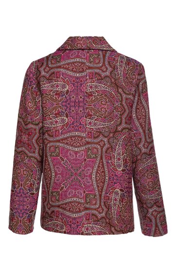 Jacke in dunklem pink mit Paisleymuster in weißen und braunen Tönen, langer Ärmel, Stehkragen, gerade geschnitten
