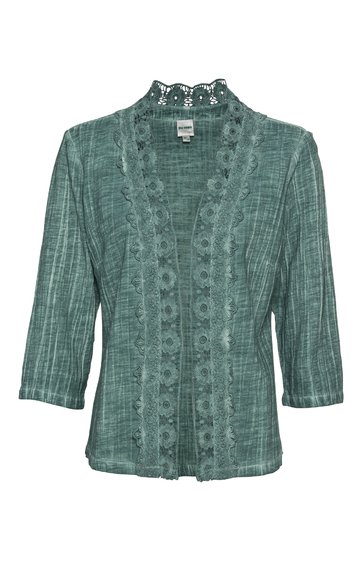 Grüne Bluse mit feinem Streifenmuster, Spitzenbesatz am Stehkragen und entlang der vorderen Öffnung, halblange Ärmel, gerade geschnitten