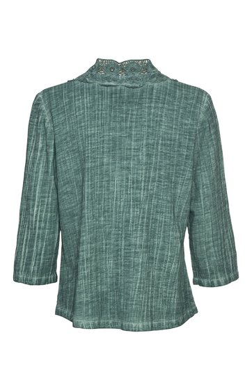 Grünes Oberteil mit hellem Streifenmuster, Stehkragen mit Spitzenbesatz, halbärmlig, taillierte Form, Rückansicht