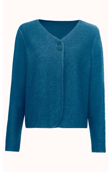 Strickjacke in petrolblau, einfarbig, V-Ausschnitt, langer Arm, einzelner großer Knopf am oberen Rand, gerade geschnitten