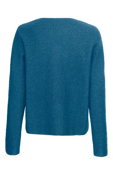Blauer Pullover ohne Muster, lange Ärmel, gerader Schnitt, Rundhalsausschnitt, Rückenansicht