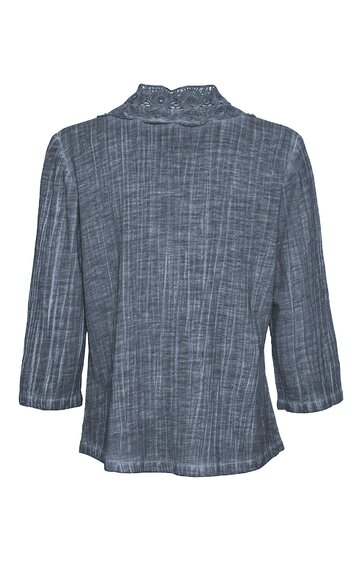 Damenbluse in dunkelgrau mit feinem Streifenmuster, Stehkragen mit Spitzenbesatz, 3/4-Ärmel, gerade geschnittener Saum