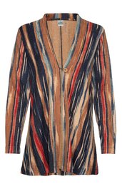 Lange Strickjacke in Beige mit gestreiftem Muster in Dunkelblau, Rot und Schwarz, tiefer V-Ausschnitt, ein Knopfverschluss, lange Ärmel, gerade geschnitten