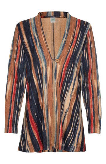 Lange Strickjacke in Beige mit gestreiftem Muster in Dunkelblau, Rot und Schwarz, tiefer V-Ausschnitt, ein Knopfverschluss, lange Ärmel, gerade geschnitten