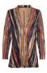 Lange Strickjacke in Beige mit gestreiftem Muster in Dunkelblau, Rot und Schwarz, tiefer V-Ausschnitt, ein Knopfverschluss, lange Ärmel, gerade geschnitten