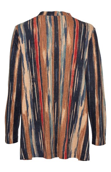Langärmliger Mantel in Beige, Dunkelblau, Rot und Hellblau mit vertikalem, streifenartigem Muster, gerader Schnitt ohne Kragen, offene Vorderseite