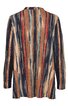 Langärmliger Mantel in Beige, Dunkelblau, Rot und Hellblau mit vertikalem, streifenartigem Muster, gerader Schnitt ohne Kragen, offene Vorderseite