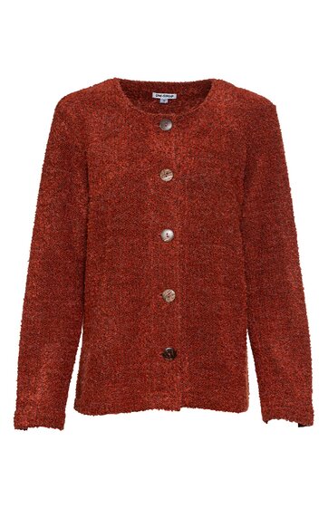 Rostbrauner Strickcardigan mit rundem Ausschnitt, fünf großen glänzenden Knöpfen, gerader Schnitt, lange Ärmel, leicht strukturierte Oberfläche