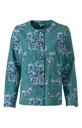 Jacke türkisgrün mit lila Blumenmuster, Rundhalsausschnitt, lange Ärmel, Knopfleiste mit fünf großen Knöpfen, gerade geschnitten, zwei aufgesetzte Taschen vorne