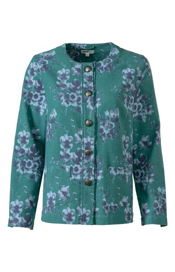Jacke türkisgrün mit lila Blumenmuster, Rundhalsausschnitt, lange Ärmel, Knopfleiste mit fünf großen Knöpfen, gerade geschnitten, zwei aufgesetzte Taschen vorne