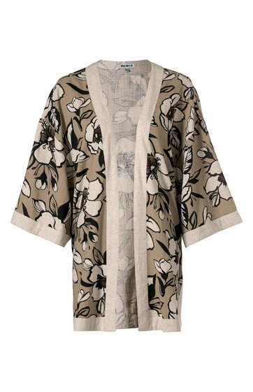 Offene Strickjacke in Beige mit großflächigem schwarz-weißem Blumenmuster, halbhohe Ärmel, breite Kanten an Ausschnitt und Ärmeln, locker fallende Form
