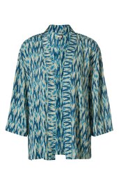 Jacke mit offenem Schnitt, blau und cremefarben im abstrakten, gestreiften Muster, V-Ausschnitt mit breitem Kragen, lange Ärmel, gerade geschnitten