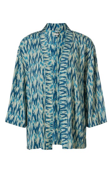 Jacke mit offenem Schnitt, blau und cremefarben im abstrakten, gestreiften Muster, V-Ausschnitt mit breitem Kragen, lange Ärmel, gerade geschnitten