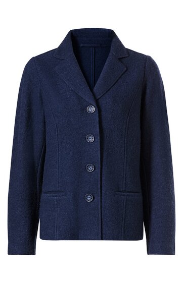 Dunkelblauer Blazer, uni, Reverskragen, vier Knöpfe, zwei aufgesetzte Taschen, lange Ärmel, gerade geschnitten