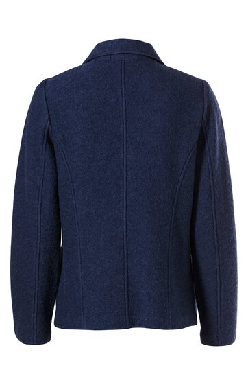 Dunkelblauer Blazer ohne sichtbare Muster, Rückansicht, langer Ärmel, einfacher Kragen, gerade geschnitten