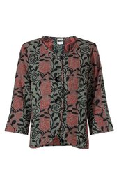 Rote Bluse mit schwarzem Blumenmuster, Rundhalsausschnitt, durchgehende Knopfleiste, 3/4-lange Ärmel, gerade geschnitten