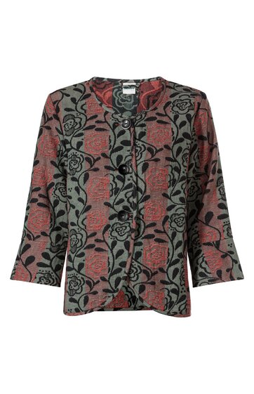 Rote Bluse mit schwarzem Blumenmuster, Rundhalsausschnitt, durchgehende Knopfleiste, 3/4-lange Ärmel, gerade geschnitten