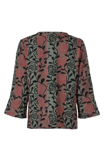 Langärmlige Bluse in Rostrot und Dunkelgrau mit vertikalen Streifen und Blumenmuster, gerade geschnitten, offen geschnittene Ärmelenden