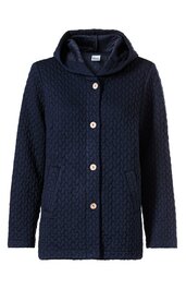 Dunkelblaue gesteppte Kapuzenjacke, durchgehende Knopfleiste mit fünf hellen Knöpfen, zwei seitliche Taschen, gerade geschnittener Saum und lange Ärmel