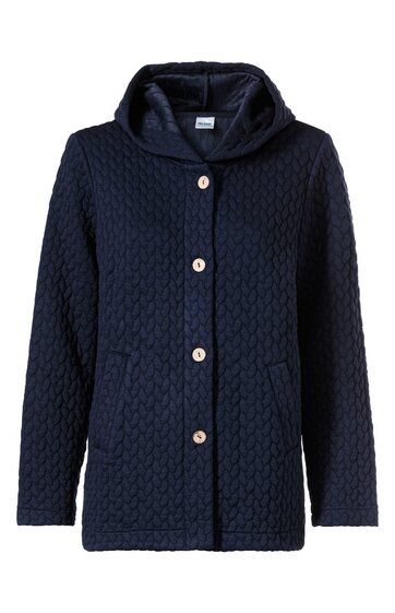 Dunkelblaue gesteppte Kapuzenjacke, durchgehende Knopfleiste mit fünf hellen Knöpfen, zwei seitliche Taschen, gerade geschnittener Saum und lange Ärmel