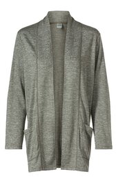 Offene Strickjacke in hellem Grauton, meliert, lange Ärmel, offener Vorderteil ohne Verschluss, zwei aufgesetzte Taschen vorne, gerader lockerer Schnitt