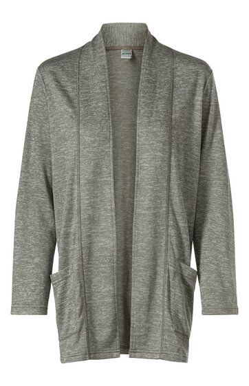Offene Strickjacke in hellem Grauton, meliert, lange Ärmel, offener Vorderteil ohne Verschluss, zwei aufgesetzte Taschen vorne, gerader lockerer Schnitt