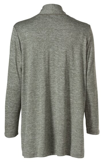 Langärmeliges Oberteil in meliertem Grau, ärmellang, kurzer Stehkragen, gerader Schnitt, ohne sichtbare Verschlüsse, Rückansicht