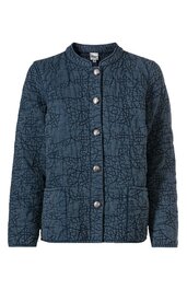 Dunkelblaue Steppjacke mit unregelmäßigem Linienmuster, Stehkragen, durchgehende Metallknopfreihe, lange Ärmel, zwei aufgesetzte Fronttaschen