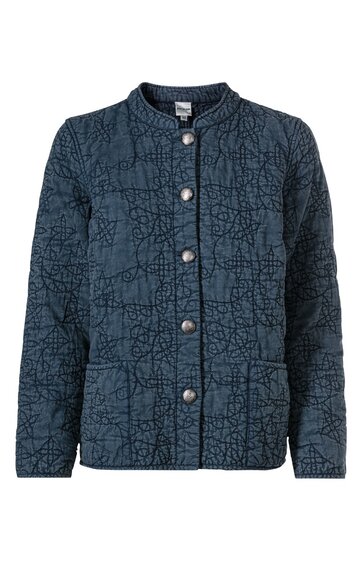 Dunkelblaue Steppjacke mit unregelmäßigem Linienmuster, Stehkragen, durchgehende Metallknopfreihe, lange Ärmel, zwei aufgesetzte Fronttaschen