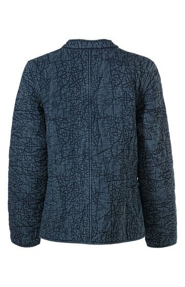 Dunkelblaue Jacke mit abstraktem, linienartigem Muster, Stehkragen, lange Ärmel, gerade geschnitten, sichtbare Nähte auf der Rückseite