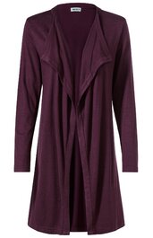 Offener Cardigan in dunklem Lila ohne Verschluss, lange Ärmel, Wasserfallkragen, leicht ausgestellte lange Passform