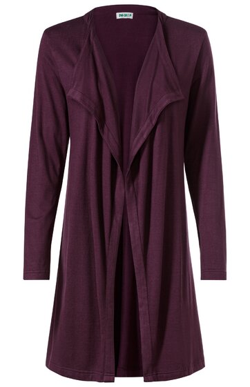 Offener Cardigan in dunklem Lila ohne Verschluss, lange Ärmel, Wasserfallkragen, leicht ausgestellte lange Passform